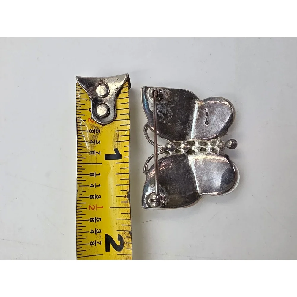 Monet Butterfly Brooch Mother of Pearl Rhinestone Silver Tone Vintage Pin